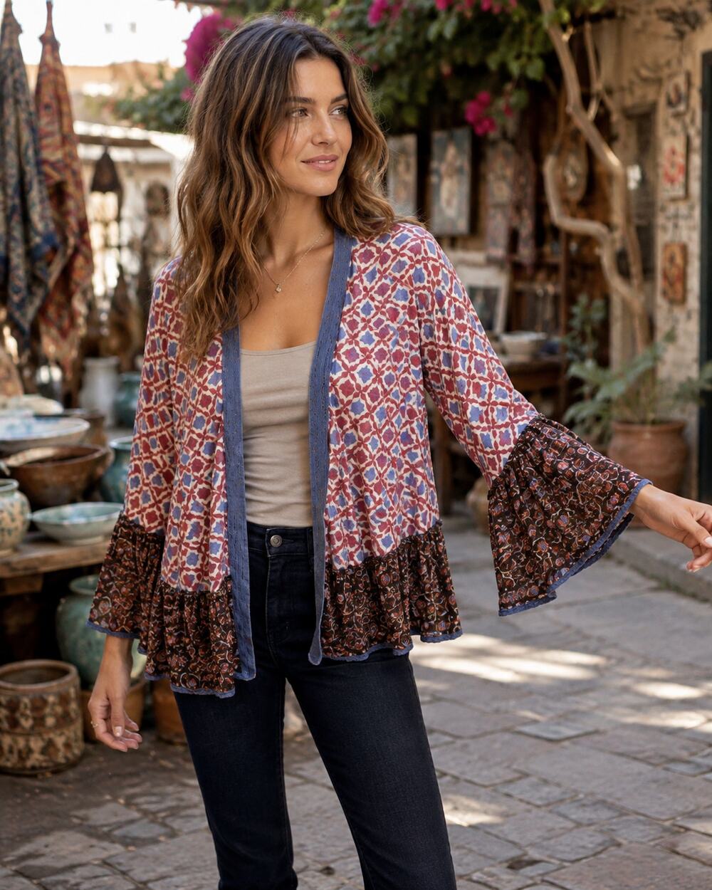 Nalini Mixed Print Kimono Cardigan One Size Bell Sleeve Boho Indie Metallic Knit